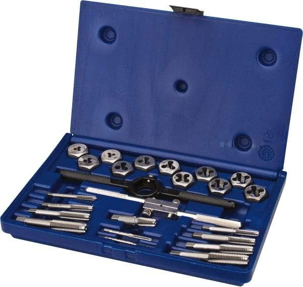 Irwin - M3x0.50 to M12x1.75 Tap, M3x0.50 to M12x1.75 Die, BSP, Metric Coarse, Metric Fine, Tap and Die Set - Bright Finish Carbon Steel, Carbon Steel Taps, Nonadjustable 1" Hex Size, 24 Piece Set with Plastic Case - Exact Industrial Supply