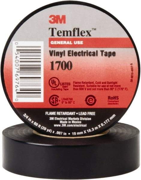 3M - 1" x 66', Black Vinyl Electrical Tape - Series 1700, 7 mil Thick, Over 1000 V/mil Dielectric Strength, 17 Lb./Inch Tensile Strength - Best Tool & Supply