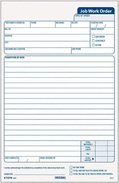 TOPS - 50 Sheet, 5-1/2 x 8-1/2", Work Order Pad - White - Best Tool & Supply