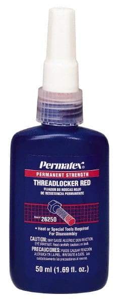 Permatex - 50 mL Bottle, Red, High Strength Liquid Threadlocker - Series 262, 24 hr Full Cure Time, Hand Tool, Heat Removal - Best Tool & Supply