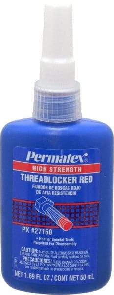 Permatex - 50 mL Bottle, Red, High Strength Liquid Threadlocker - Series 271, 24 hr Full Cure Time, Hand Tool, Heat Removal - Best Tool & Supply