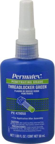 Permatex - 50 mL Bottle, Green, Liquid Medium Strength Threadlocker - Series 290, 24 hr Full Cure Time, Hand Tool, Heat Removal - Best Tool & Supply