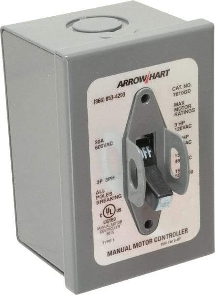 Cooper Wiring Devices - 3 Poles, 30 Amp, 3PST, NEMA, Enclosed Manual Motor Starter - 66.8mm Wide x 118.62mm Deep x 112.27mm High, 15 hp at 480 V, 15 hp at 600 V, 3 hp at 120 V & 7-1/2 hp at 240 V, CSA C22.2 No. 14, NEMA 1 & UL 508 - Best Tool & Supply