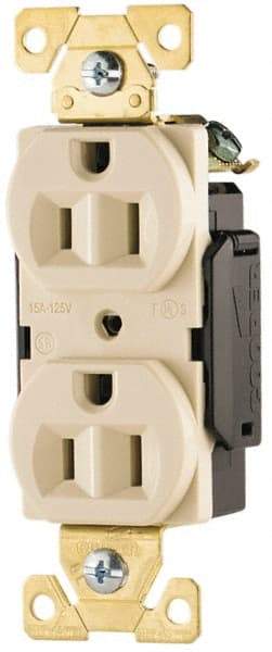 Cooper Wiring Devices - 125 VAC, 15 Amp, 5-15R NEMA Configuration, Ivory, Industrial Grade, Self Grounding Duplex Receptacle - 1 Phase, 2 Poles, 3 Wire, Flush Mount, Antimicrobial, Chemical and Impact Resistant - Best Tool & Supply