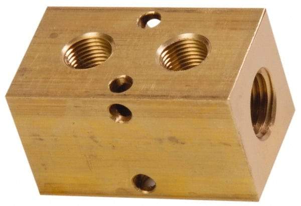 Made in USA - 1/2" Inlet, 3/8" Outlet Manifold - 2-3/4" Long x 1-1/2" Wide x 1-1/2" High, 0.2" Mount Hole, 2 Inlet Ports, 2 Outlet Ports - Best Tool & Supply