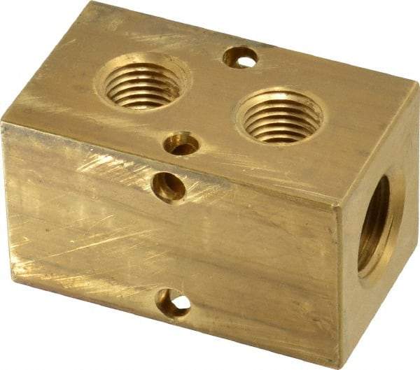 Made in USA - 3/8" Inlet, 1/4" Outlet Manifold - 2.13" Long x 1-1/4" Wide x 1-1/4" High, 0.2" Mount Hole, 2 Inlet Ports, 2 Outlet Ports - Best Tool & Supply