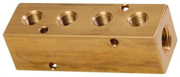 Made in USA - 1/2" Inlet, 3/8" Outlet Manifold - 4-3/4" Long x 1-1/2" Wide x 1-1/2" High, 0.2" Mount Hole, 2 Inlet Ports, 4 Outlet Ports - Best Tool & Supply