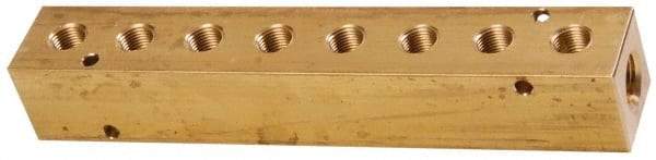 Made in USA - 3/8" Inlet, 1/4" Outlet Manifold - 7.38" Long x 1-1/4" Wide x 1-1/4" High, 0.2" Mount Hole, 2 Inlet Ports, 8 Outlet Ports - Best Tool & Supply