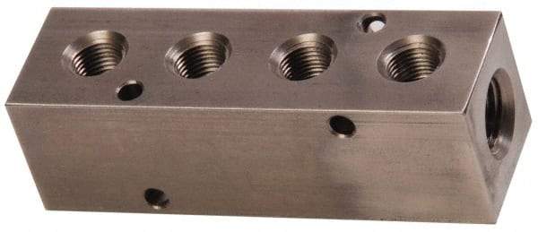 Made in USA - 1/2" Inlet, 3/8" Outlet Manifold - 4-3/4" Long x 1-1/2" Wide x 1-1/2" High, 0.2" Mount Hole, 2 Inlet Ports, 4 Outlet Ports - Best Tool & Supply