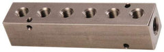 Made in USA - 1/2" Inlet, 3/8" Outlet Manifold - 6-3/4" Long x 1-1/2" Wide x 1-1/2" High, 0.2" Mount Hole, 2 Inlet Ports, 6 Outlet Ports - Best Tool & Supply