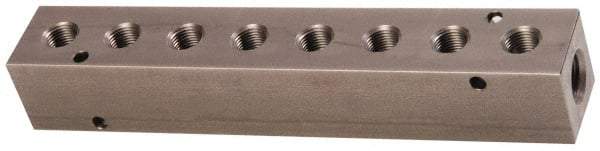 Made in USA - 1/2" Inlet, 3/8" Outlet Manifold - 8-3/4" Long x 1-1/2" Wide x 1-1/2" High, 0.2" Mount Hole, 2 Inlet Ports, 8 Outlet Ports - Best Tool & Supply