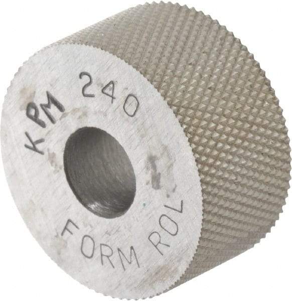 Made in USA - 3/4" Diam, 90° Tooth Angle, 40 TPI, Standard (Shape), Form Type High Speed Steel Male Diamond Knurl Wheel - 3/8" Face Width, 1/4" Hole, Circular Pitch, 30° Helix, Bright Finish, Series KP - Exact Industrial Supply