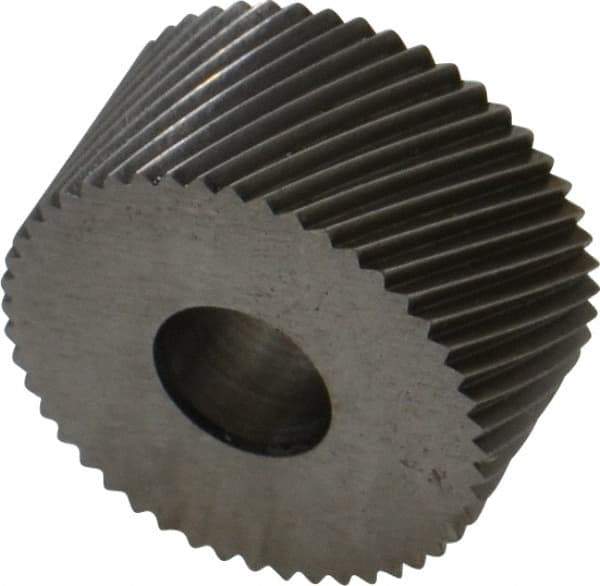 Made in USA - 3/4" Diam, 80° Tooth Angle, Standard (Shape), Form Type High Speed Steel Right-Hand Diagonal Knurl Wheel - 3/8" Face Width, 1/4" Hole, 64 Diametral Pitch, 30° Helix, Bright Finish, Series KP - Exact Industrial Supply