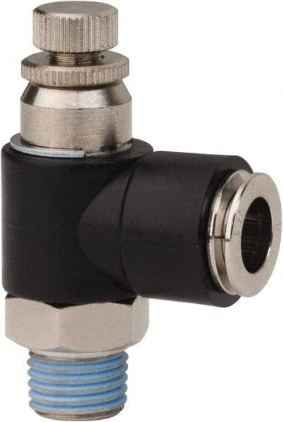 PRO-SOURCE - 1/4" NPT x 3/8" Tube OD Right Angle Flow Control Valve - 0 to 113.76 psi & Techno Polymer, Brass, Steel Material - Best Tool & Supply