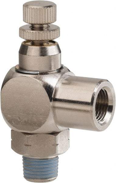 PRO-SOURCE - 1/8" Male NPT x 1/8" Female NPT Right Angle Flow Control Valve - 0 to 113.76 psi & Nickel Plated Brass Material - Best Tool & Supply