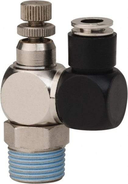 PRO-SOURCE - 3/8" Male NPT x 1/4" Tube OD Flow Control Offset Inline Valve - 0 to 113.76 psi & Techno Polymer, Brass, Steel Material - Best Tool & Supply