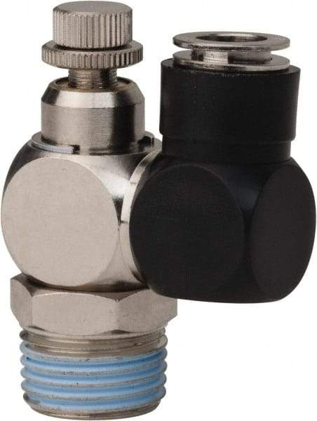 Value Collection - 1/2" Male NPT x 3/8" Tube OD Flow Control Offset Inline Valve - 0 to 113.76 psi & Techno Polymer, Brass, Steel Material - Best Tool & Supply