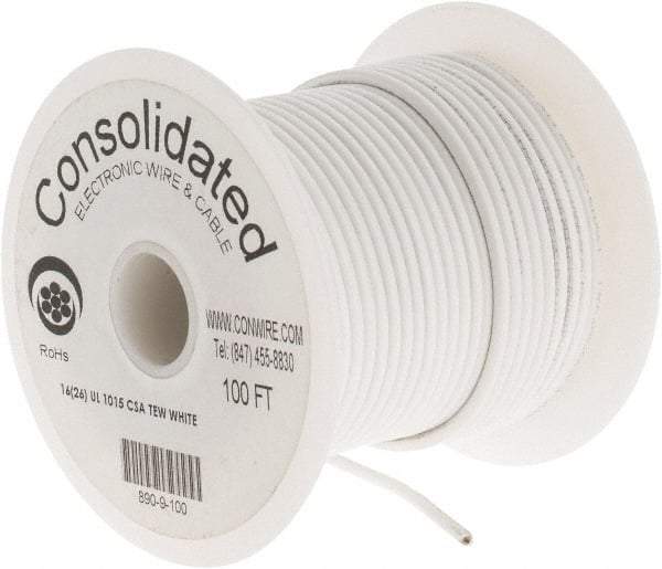 Made in USA - 16 AWG, 26 Strand, 100' OAL, Tinned Copper Hook Up Wire - White PVC Jacket, 0.117" Diam - Best Tool & Supply