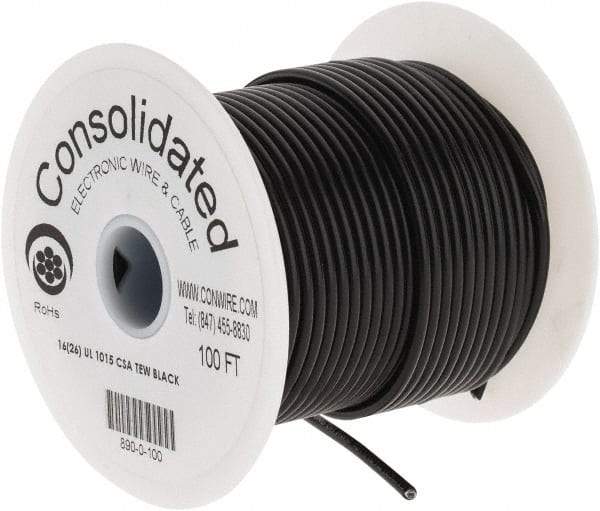 Made in USA - 16 AWG, 26 Strand, 100' OAL, Tinned Copper Hook Up Wire - Black PVC Jacket, 0.117" Diam - Best Tool & Supply