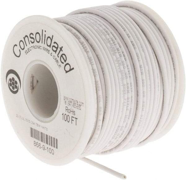 Made in USA - 22 AWG, 7 Strand, 100' OAL, Tinned Copper Hook Up Wire - White PVC Jacket, 0.091" Diam - Best Tool & Supply