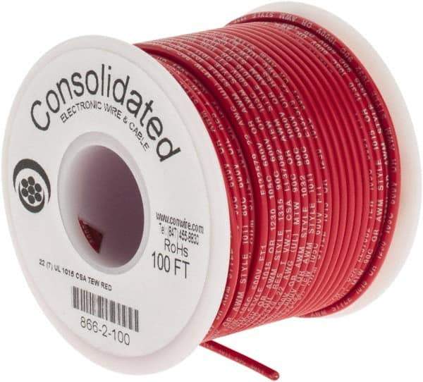 Made in USA - 22 AWG, 7 Strand, 100' OAL, Tinned Copper Hook Up Wire - Red PVC Jacket, 0.091" Diam - Best Tool & Supply