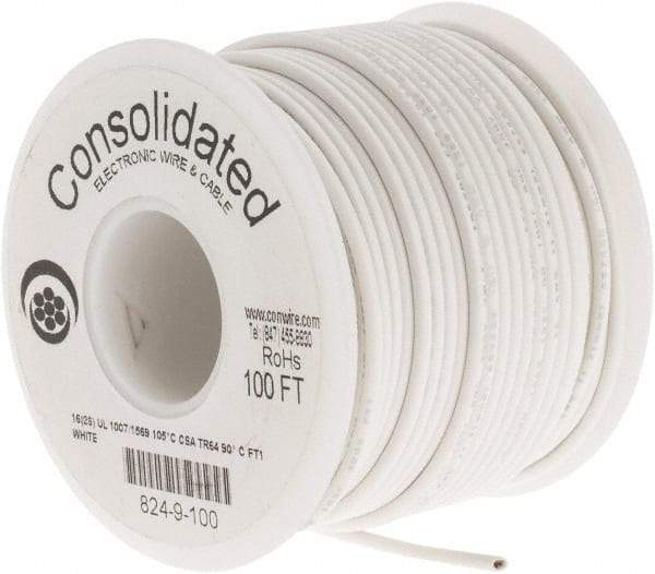 Made in USA - 16 AWG, 26 Strand, 100' OAL, Tinned Copper Hook Up Wire - White PVC Jacket, 0.092" Diam - Best Tool & Supply