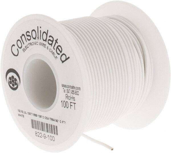 Made in USA - 18 AWG, 16 Strand, 100' OAL, Tinned Copper Hook Up Wire - White PVC Jacket, 0.08" Diam - Best Tool & Supply