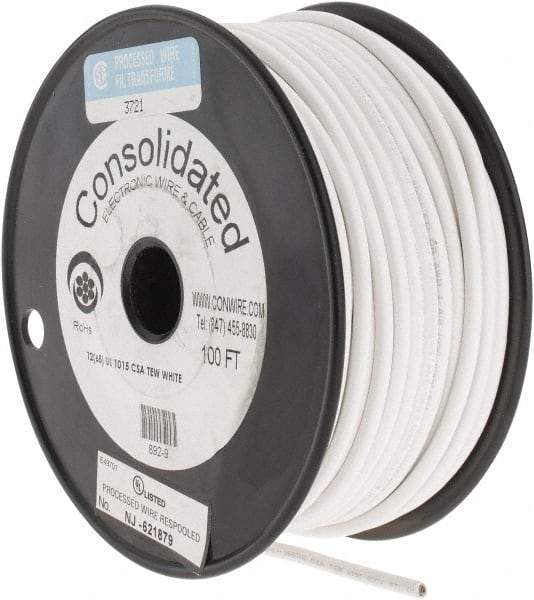 Made in USA - 12 AWG, 65 Strand, 100' OAL, Tinned Copper Hook Up Wire - White PVC Jacket, 0.155" Diam - Best Tool & Supply