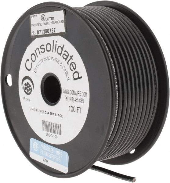 Made in USA - 12 AWG, 65 Strand, 100' OAL, Tinned Copper Hook Up Wire - Black PVC Jacket, 0.155" Diam - Best Tool & Supply