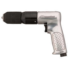 Air Drills; Chuck Size: 1/2; Chuck Type: Keyless; Handle Type: Pistol Grip; Horse Power: 0.5 hp; Reversible: No; Air Pressure (psi): 90; Inlet Size (Inch): 1/4; Overall Length (Decimal Inch): 8.7000; Exhaust Location: Handle; Speed (RPM): 500.00; Torque (