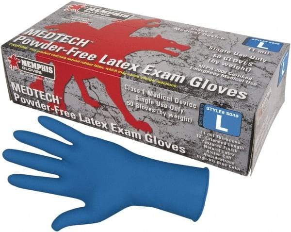 MCR Safety - Size M, 11 mil, Medical Grade, Powder Free Latex Disposable Gloves - 12" Long, Blue, Textured Rolled Cuffs, FDA Approved, Ambidextrous - Best Tool & Supply