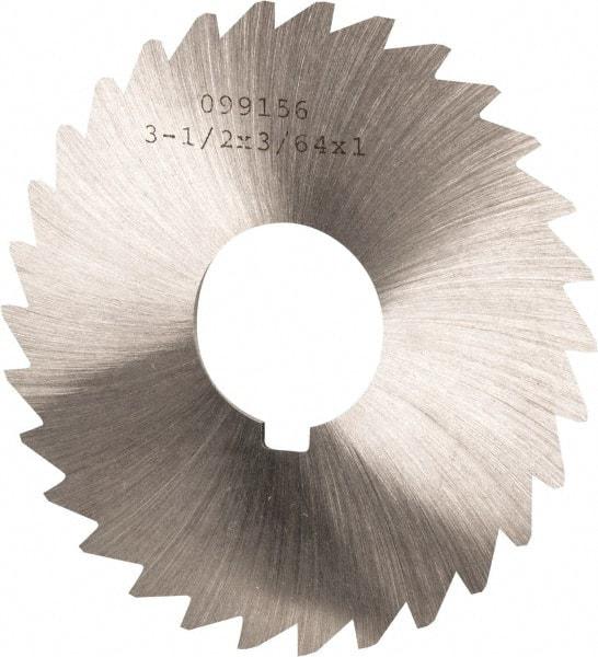 Made in USA - 3-1/2" Diam x 3/64" Blade Thickness x 1" Arbor Hole Diam, 34 Tooth Slitting and Slotting Saw - Arbor Connection, Right Hand, Uncoated, High Speed Steel, Concave Ground, Contains Keyway - Best Tool & Supply