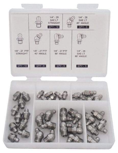 PRO-LUBE - 40 Piece, Inch, Box Plastic Stainless Steel Grease Fitting Set - Includes PTF, UNF Thread Types, Includes 1/4-28 SAE-LT: (10) Straight, (5) 45°, (5) 90°, 1/8-27 PTF: (10) Straight, (5) 45°, (5) 90° - Best Tool & Supply