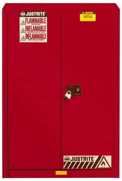 Justrite - 2 Door, 5 Shelf, Red Steel Standard Safety Cabinet for Flammable and Combustible Liquids - 65" High x 43" Wide x 18" Deep, Manual Closing Door, 3 Point Key Lock, 60 Gal Capacity - Best Tool & Supply