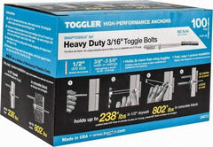 Toggler - 3/16" Screw, 6-1/4" Long, 3/8 to 3-5/8" Thick, Toggle Bolt Drywall & Hollow Wall Anchor - 3/16 - 24" Thread, 1/2" Drill, Zinc Plated, Steel, Grade 1010, Use in Drywall - Best Tool & Supply