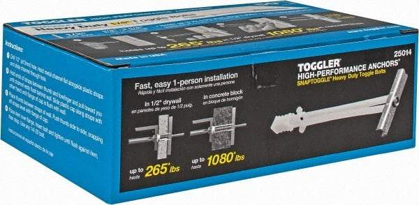 Toggler - 1/4" Screw, 6-1/4" Long, 3/8 to 3-5/8" Thick, Toggle Bolt Drywall & Hollow Wall Anchor - 1/4 - 20" Thread, 1/2" Drill, Zinc Plated, Steel, Grade 1010, Use in Drywall - Best Tool & Supply