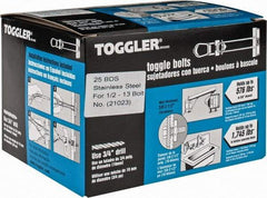 Toggler - 1/2" Screw, 6" Long, 3/8 to 2-1/2" Thick, Toggle Bolt Drywall & Hollow Wall Anchor - 1/2 - 13" Thread, 3/4" Drill, Uncoated, Stainless Steel, Grade 304, Use in Drywall - Best Tool & Supply