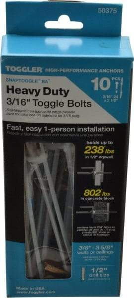 Toggler - 3/16" Screw, 6-1/4" Long, 3/8 to 3-5/8" Thick, Toggle Bolt Drywall & Hollow Wall Anchor - 3/16 - 24" Thread, 1/2" Drill, Zinc Plated, Steel, Grade 1010, Use in Drywall - Best Tool & Supply