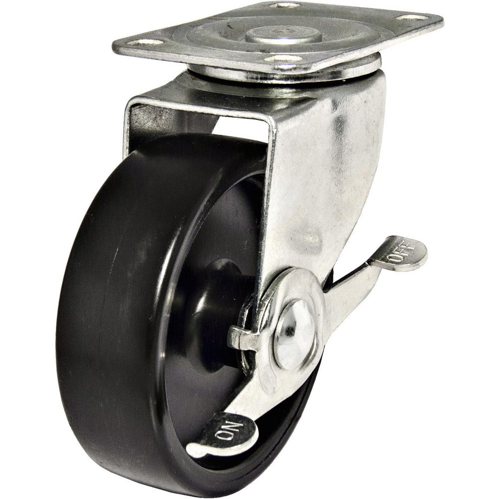 Swivel Top Plate Caster: Polypropylene, 4″ Wheel Dia, 1-1/4″ Wheel Width, 247 lb Capacity, 5″ OAH 2.5″ Plate Length, 3.69″ Plate Width, Side Pedal Brake