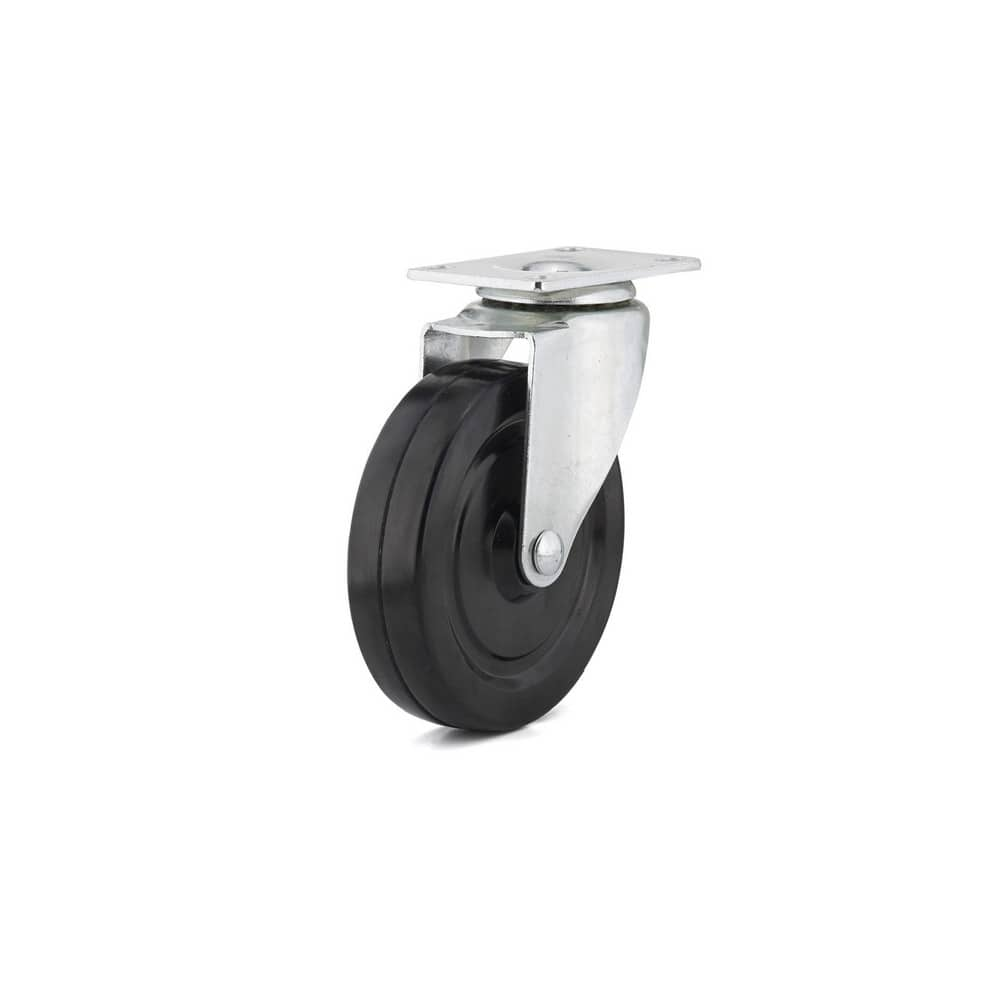 Swivel Top Plate Caster: Rubber, 4-15/16″ Wheel Dia, 1-1/4″ Wheel Width, 298 lb Capacity, 6-1/8″ OAH 2.375″ Plate Length, 3.63″ Plate Width, No Brake