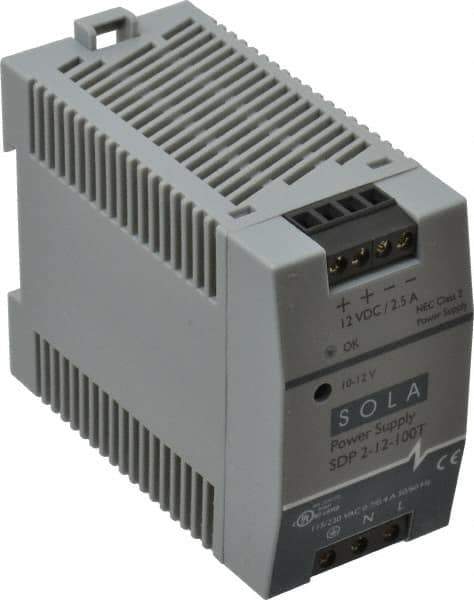 Sola/Hevi-Duty - 100 Watt, 3 to 2.5 Amp, 264 VAC, 375 VDC Input, 10 to 12 VDC Output, DIN Rail Power Supply - Screw Terminal Connection, 1 Output, 1.77 Inch Wide x 3.58 Inch Deep x 2.95 Inch High, Up to 80% Efficiency, 14 to 140°F, Green LED Display - Best Tool & Supply