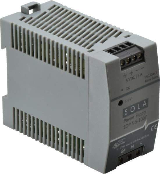 Sola/Hevi-Duty - 100 Watt, 5 Amp, 264 VAC, 375 VDC Input, 5 to 6 VDC Output, DIN Rail Power Supply - Screw Terminal Connection, 1 Output, 1.77 Inch Wide x 3.58 Inch Deep x 2.95 Inch High, Up to 80% Efficiency, 14 to 140°F, Green LED Display - Best Tool & Supply