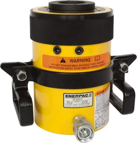 Enerpac - 60 Ton, 3" Stroke, 38.2 Cu In Oil Capacity, Portable Hydraulic Hollow Hole Cylinder - 12.73 Sq In Effective Area, 9.75" Lowered Ht., 12.75" Max Ht., 4.88" Cyl Bore Diam, 3.63" Plunger Rod Diam, 10,000 Max psi - Best Tool & Supply