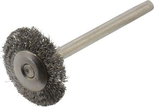 Value Collection - 3/4" OD, 1/8" Shank Diam, 3/4" Arbor Hole, Crimped Stainless Steel Wheel Brush - 3/4" Face Width, 0.003" Filament Diam, 15,000 RPM - Best Tool & Supply