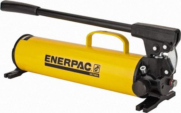 Enerpac - 1" Piston Stroke, 1-1/8" Piston Diam, 1.00, 0.15 Cu In per Stroke, 134 Cu In Reservoir Capacity, Manual Hydraulic Pump - 10,000 psi, 77 Lbs. Max Handle Effort, 2 Stage - Best Tool & Supply