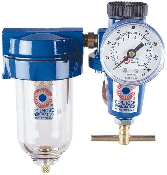 Coilhose Pneumatics - 1/2" NPT Port Heavy Duty 2 Piece Filter-Regulator FRL Unit - Polycarbonate Bowl, 125 Max psi, 7.875" High - Best Tool & Supply