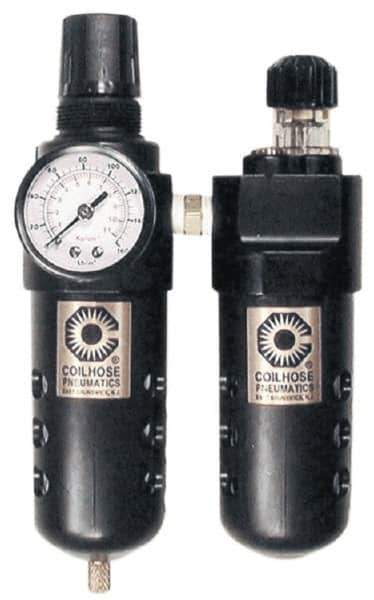 Coilhose Pneumatics - 1/4" NPT Port Compact 2 Piece Filter/Regulator-Lubricator FRL Unit - Zinc Bowl, 48 SCFM, 250 Max psi, 8" High, Manual Drain - Best Tool & Supply