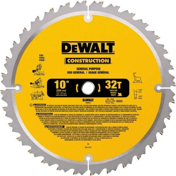 DeWALT - 10" Diam, 5/8" Arbor Hole Diam, 32 Tooth Wet & Dry Cut Saw Blade - Carbide-Tipped, General Purpose Action, Standard Round Arbor - Best Tool & Supply