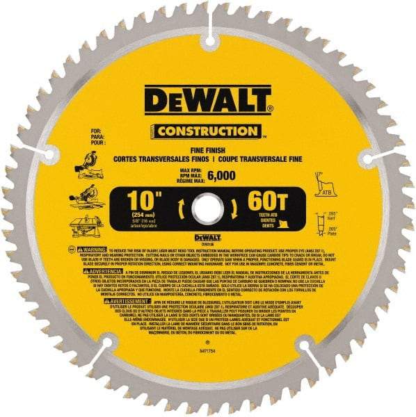 DeWALT - 10" Diam, 5/8" Arbor Hole Diam, 60 Tooth Wet & Dry Cut Saw Blade - Carbide-Tipped, Fine Finishing Action, Standard Round Arbor - Best Tool & Supply