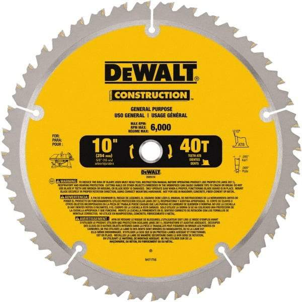 DeWALT - 10" Diam, 5/8" Arbor Hole Diam, 40 Tooth Wet & Dry Cut Saw Blade - Carbide-Tipped, General Purpose Action, Standard Round Arbor - Best Tool & Supply